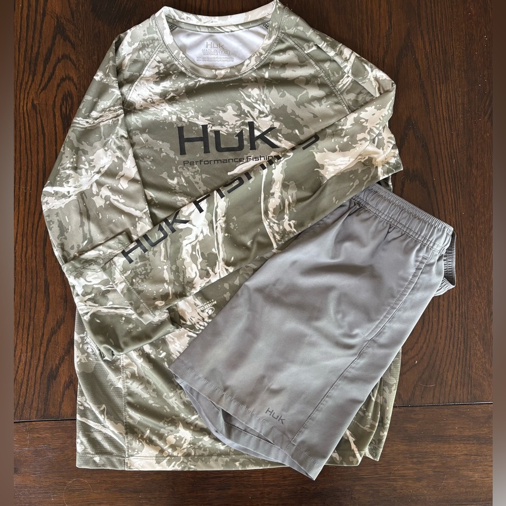 HUK YXL - Camo Performance Shirt with matching gray bathing suit/shorts